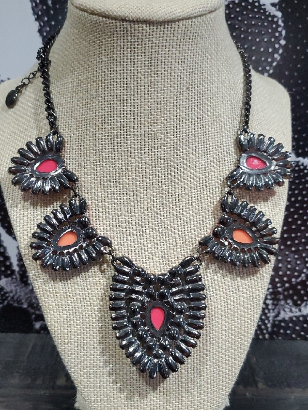 Statement Multicolor Gem Bib Necklace - Coral, Peach & Blue Chunky Maximalist - Picture 7 of 7